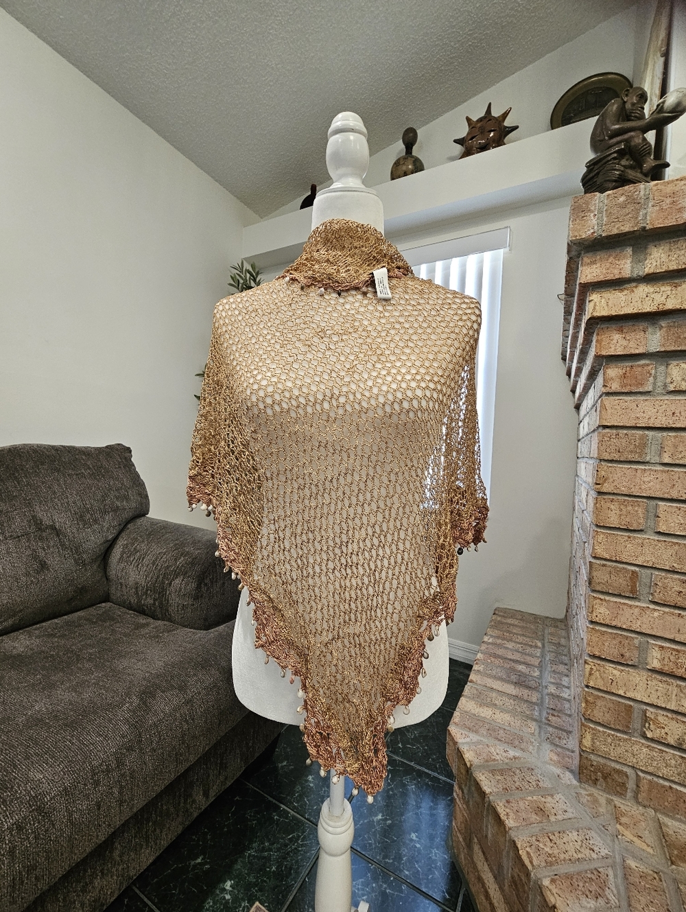 Womens Beach Coverup Shawl Wrap Waist Sea Shells Tan Brown Crotchet Sarong
